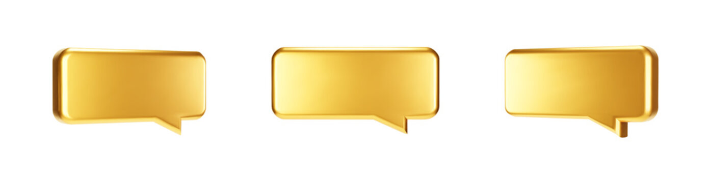 Gold 3d bubble talk set isolated on white background. Glossy golden metallic speech bubble, dialogue, messenger shape. 3D render vector shiny icon for social media or website