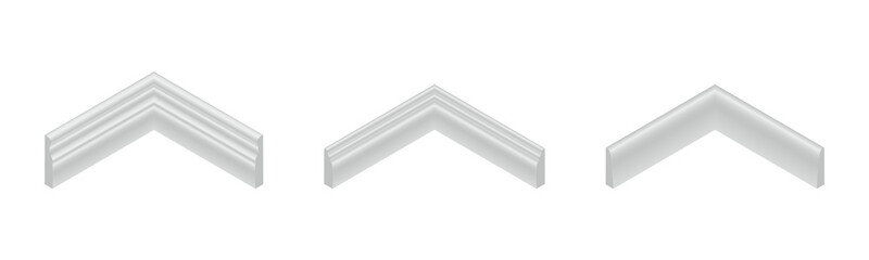 Vector illustration different shapes skirting boards for wall or floor isolated on white background. Set of realistic white baseboard icons in flat cartoon style. Isometric plastic or wood moldings.