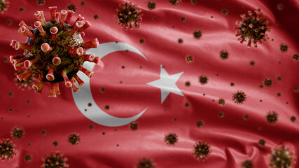 3D, Flu coronavirus floating over Turkish flag. Turkey and pandemic Covid 19