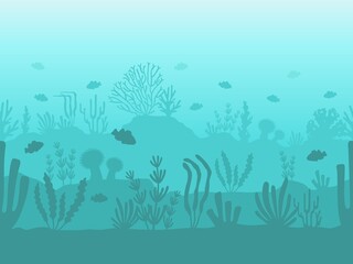 Seamless ocean bottom. Underwater coral reef silhouette with sea plants, fish and seaweed. Flat seascape with undersea life vector pattern