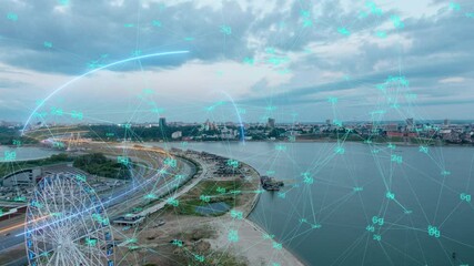 Poster - Smart City Aerial Drone Footage Hologram Information Arches Forming During Network Communication Futuristic Network and Technology 5G Drone Low Light 4k. Video loop, time lapse