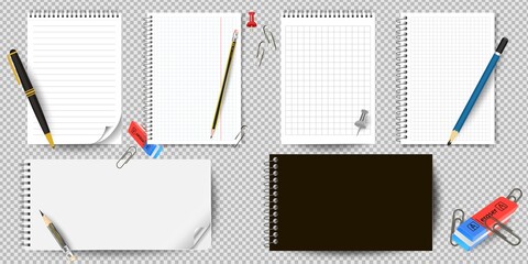 Realistic white lined notepad and pencil sheet isolated on white background vector illustration. notepad and pencil for writing