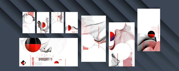 Wall Mural - Black white red colors poster design Japanese style templates set invitations to lines abstract background. Stock illustration artwork business style