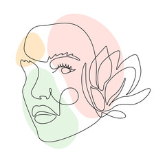 Poster - Woman face with magnolia flower in Continuous line drawing. Beautiful female portrait in lineart style isolated in white background. Vector illustration with color free form