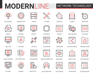 Poster - Network technology red black outline line icons vector illustration