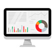 Computer screen with business graph data, analysis trends, financial strategy, statistics, and infographic chart icons. Vector illustration.