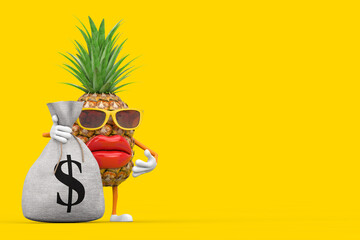 Poster - Fun Cartoon Fashion Hipster Cut Pineapple Person Character Mascot with Tied Rustic Canvas Linen Money Sack or Money Bag with Dollar Sign. 3d Rendering