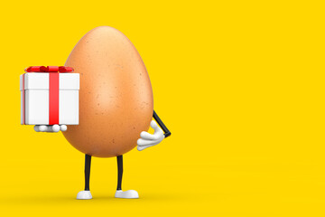 Aufkleber -  Brown Chicken Egg Person Character Mascot with Gift Box and Red Ribbon. 3d Rendering