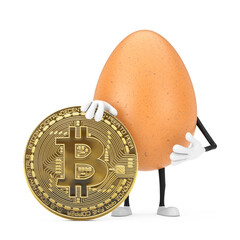 Poster -  Brown Chicken Egg Person Character Mascot with Digital and Cryptocurrency Golden Bitcoin Coin. 3d Rendering