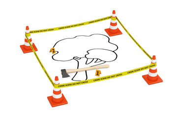 Murder of Trees Concept. Yellow Tape Do Not Cross Police Line with Road Cones, Outline of Dead Tree and Axe. 3d Rendering