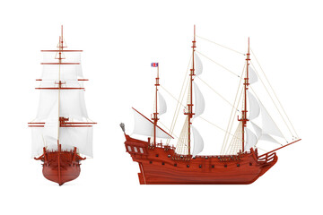 Wall Mural - Red Wooden Vintage Tall Sailing Ship, Caravel, Pirate Ship or Warship. 3d Rendering