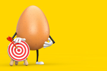 Aufkleber -  Brown Chicken Egg Person Character Mascot with  Archery Target and Dart in Center. 3d Rendering