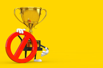 Fototapete - Golden Award Winner Trophy Person Character Mascot with Red Prohibition or Forbidden Sign. 3d Rendering