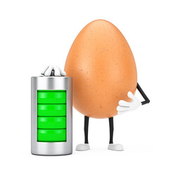 Poster -  Brown Chicken Egg Person Character Mascot with Abstract Charging Battery. 3d Rendering