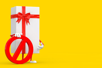 Aufkleber - White Gift Box and Red Ribbon Person Character Mascot with Red Prohibition or Forbidden Sign. 3d Rendering