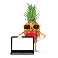 Leinwandbilder - Fun Cartoon Fashion Hipster Cut Pineapple Person Character Mascot with Red Retro Megaphone. 3d Rendering