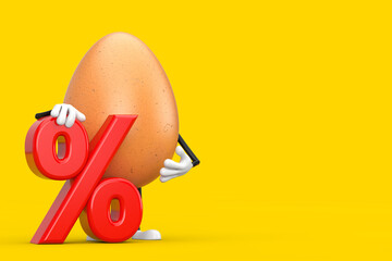 Poster -  Brown Chicken Egg Person Character Mascot with Red Retail Percent Sale or Discount Sign. 3d Rendering