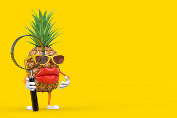 Poster - Fun Cartoon Fashion Hipster Cut Pineapple Person Character Mascot with Magnifying Glass. 3d Rendering