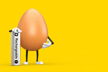 Poster -  Brown Chicken Egg Person Character Mascot with Rechargeable Battery. 3d Rendering