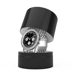 Poster - Luxury Classic Analog Men's Wrist Silver Watch with Gift Box. 3d Rendering