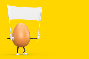 Fototapete -  Brown Chicken Egg Person Character Mascot and Empty White Blank Banner with Free Space for Your Design. 3d Rendering