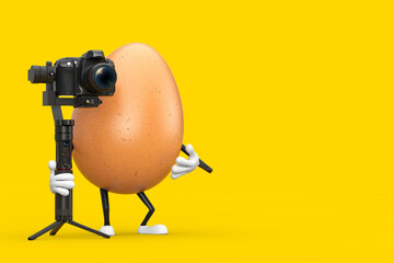 Leinwandbilder -  Brown Chicken Egg Person Character Mascot with DSLR or Video Camera Gimbal Stabilization Tripod System. 3d Rendering