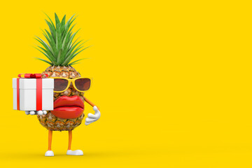 Aufkleber - Fun Cartoon Fashion Hipster Cut Pineapple Person Character Mascot with Gift Box and Red Ribbon. 3d Rendering