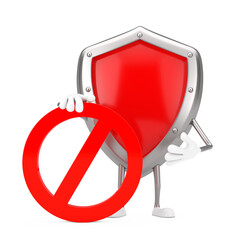 Poster - red metal protection shield person character mascot with red prohibition or forbidden sign. 3d rende