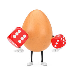 Poster -  Brown Chicken Egg Person Character Mascot with Red Game Dice Cubes in Flight. 3d Rendering