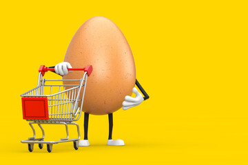 Poster -  Brown Chicken Egg Person Character Mascot with Shopping Cart Trolley. 3d Rendering