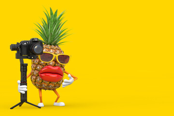 Leinwandbilder - Fun Cartoon Fashion Hipster Cut Pineapple Person Character Mascot with DSLR or Video Camera Gimbal Stabilization Tripod System. 3d Rendering