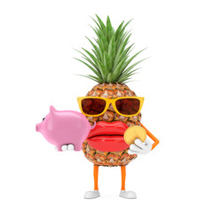 Poster - fun cartoon fashion hipster cut pineapple person character mascot with piggy bank and golden dollar 