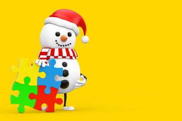 Poster - Snowman in Santa Claus Hat Person Character Mascot with Four Pieces of Colorful Jigsaw Puzzle. 3d Rendering