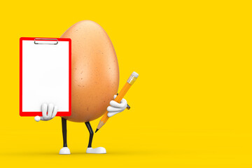 Poster -  Brown Chicken Egg Person Character Mascot with Red Plastic Clipboard, Paper and Pencil. 3d Rendering