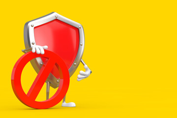 Poster - red metal protection shield person character mascot with red prohibition or forbidden sign. 3d rende