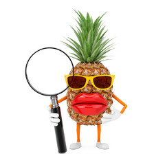 Poster - Fun Cartoon Fashion Hipster Cut Pineapple Person Character Mascot with Magnifying Glass. 3d Rendering