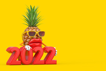Poster - Fun Cartoon Fashion Hipster Cut Pineapple Person Character Mascot with 2022 New Year Sign. 3d Rendering