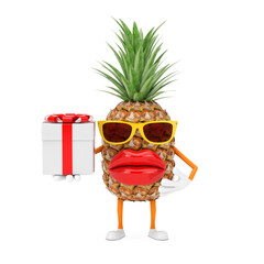 Aufkleber - Fun Cartoon Fashion Hipster Cut Pineapple Person Character Mascot with Gift Box and Red Ribbon. 3d Rendering