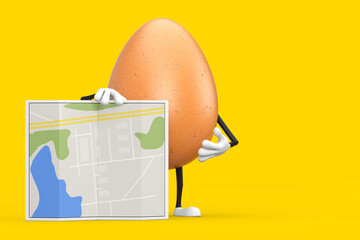 Poster - brown chicken egg person character mascot with abstract city plan map. 3d rendering