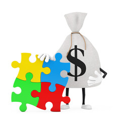 Aufkleber - Tied Rustic Canvas Linen Money Sack or Money Bag and Dollar Sign Person Character Mascot with Four Pieces of Colorful Jigsaw Puzzle. 3d Rendering