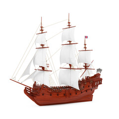 Wall Mural - Red Wooden Vintage Tall Sailing Ship, Caravel, Pirate Ship or Warship. 3d Rendering