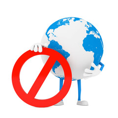 Fototapete - Earth Globe Person Character Mascot with Red Prohibition or Forbidden Sign. 3d Rendering
