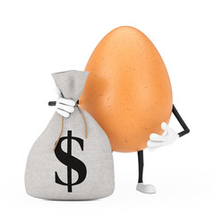 Poster -  Brown Chicken Egg Person Character Mascot with Tied Rustic Canvas Linen Money Sack or Money Bag with Dollar Sign. 3d Rendering