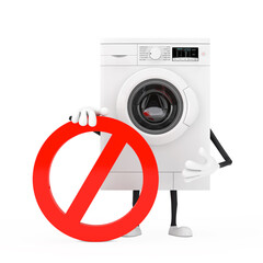 Aufkleber - Modern White Washing Machine Person Character Mascot with Red Prohibition or Forbidden Sign. 3d Rendering