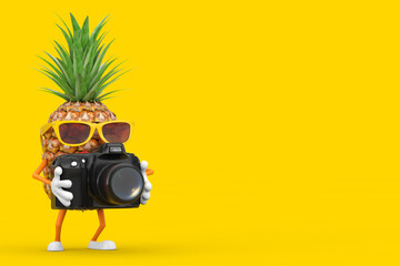Aufkleber - Fun Cartoon Fashion Hipster Cut Pineapple Person Character Mascot with Modern Digital Photo Camera. 3d Rendering