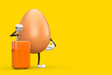 Aufkleber -  Brown Chicken Egg Person Character Mascot with Orange Travel Suitcase. 3d Rendering