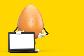Leinwandbilder - Brown Chicken Egg Person Character Mascot with Modern Laptop Computer Notebook and Blank Screen for Your Design. 3d Rendering