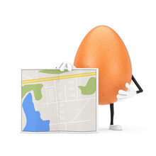  Brown Chicken Egg Person Character Mascot With Abstract City Plan Map. 3d Rendering