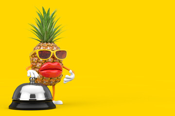 Poster - Fun Cartoon Fashion Hipster Cut Pineapple Person Character Mascot with Hotel Service Bell Call. 3d Rendering