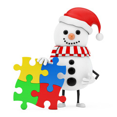 Poster - Snowman in Santa Claus Hat Person Character Mascot with Four Pieces of Colorful Jigsaw Puzzle. 3d Rendering